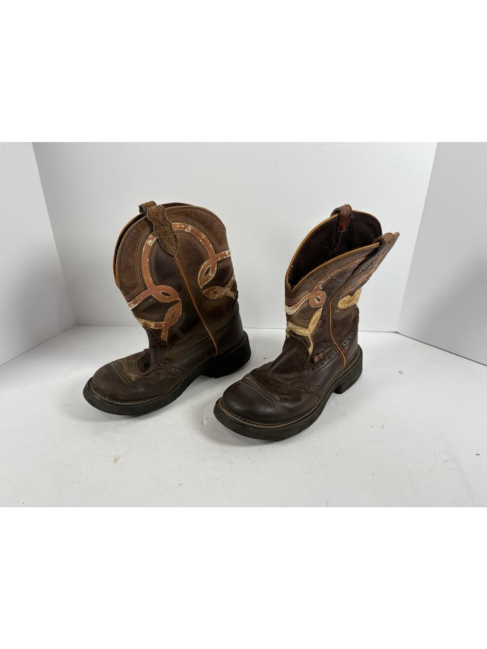Justin Brown Leather Western Work Boots Roper Square Toe Mens USA Cowboy